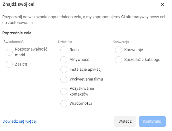 Facebook Ads cele reklamowe stary widok